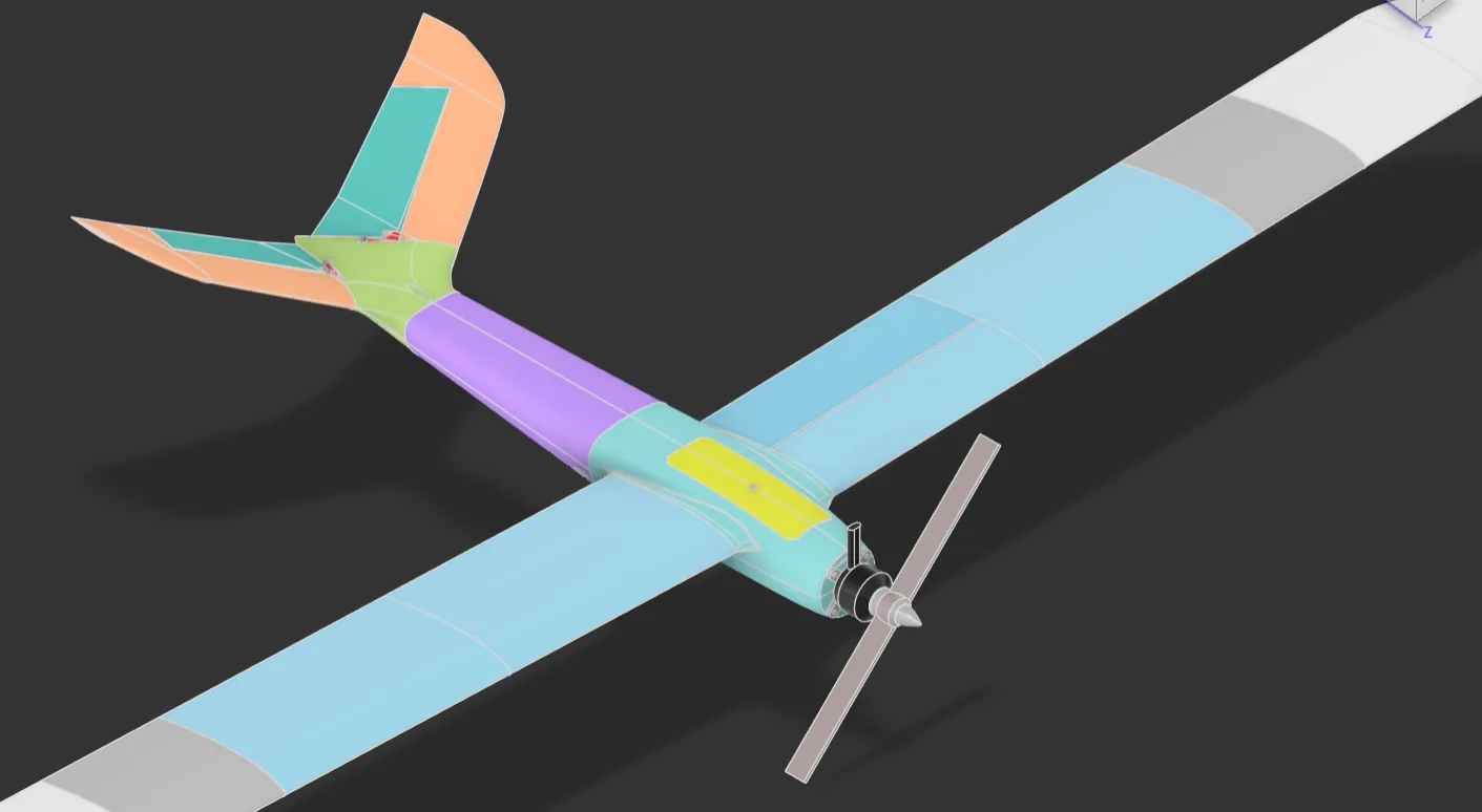 CAD rendering of the RC airplane with colored component groups