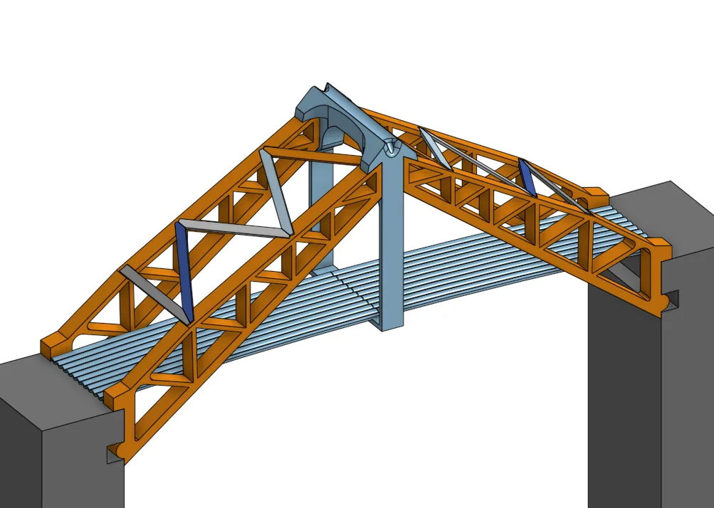 CAD rendering of the orange truss bridge created for the South Dakota Mines bridge design competition